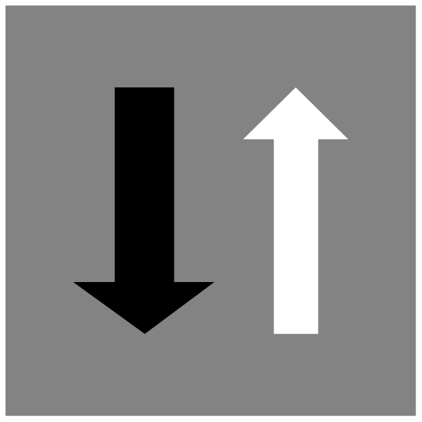 The image shows a simple black arrow pointing downwards on an upward trajectory against two gray rectangles with arrows indicating up and right movement respectively.