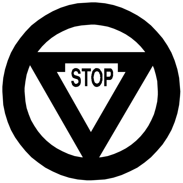 The image shows a black and white icon with text that reads "STOP" inside an octagon shape within another circle symbolizing prohibition or warning against something.