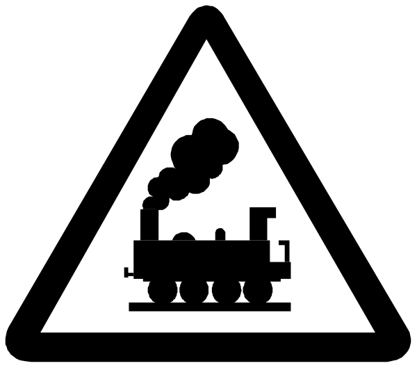 The black and white icon features a train with smoke coming out of its chimney inside an exclamation mark triangle symbolizing danger or warning.