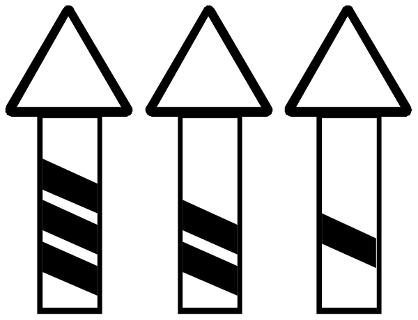 The image shows a black and white pattern of four identical rockets with stripes on them arranged vertically against a dark background.