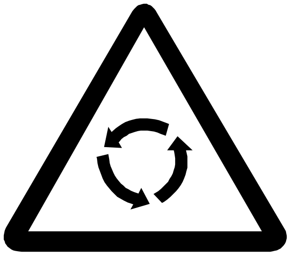 The image shows a black triangle with an arrow inside it on top of another symbol that resembles two overlapping circles forming a loop around each other within a larger circle containing three arrows pointing in different directions, all set against a white background.