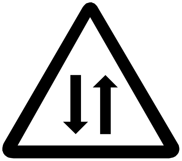 The image shows a black and white symbol of an upside down triangle with two arrows pointing outward from it on either side.