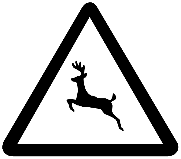 The image shows a black triangle with an icon of a deer inside it on top right corner against white background.