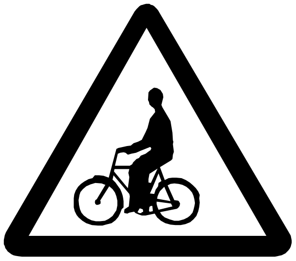 The image shows a black triangle with an icon of a person riding a bicycle inside it on top of another smaller white triangle that has two arrows pointing upwards forming a diamond shape against a dark background.