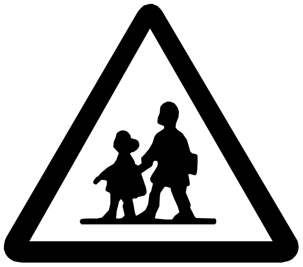 The black and white logo features a triangle with two children standing on either side of it; there is no text present within this image.