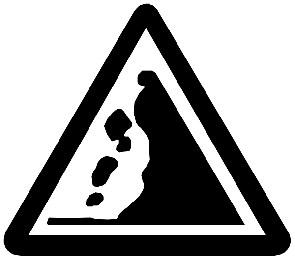 The image shows a black triangle with an exclamation mark inside it on top of what appears to be a mountainous terrain background in shades of gray.