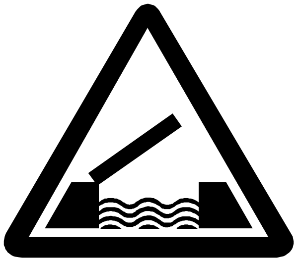 The image shows a black and white icon with symbols representing water waves atop an iceberg shape on top of what appears to be landmasses below sea level, accompanied by two crossed-out arrows pointing upwards from either side of the symbol for water waves; there is also a small graphic resembling a ship or boat in front.