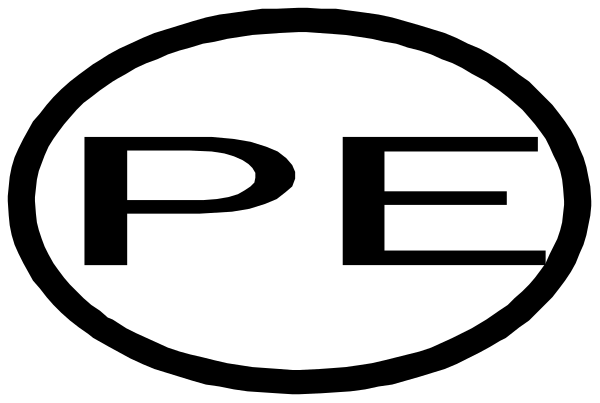 The image shows a logo with text that reads "PE" inside an oval shape on top of another rectangle-shaped object which is also white in color.