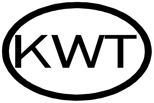 The logo of a company named KWT with an oval shape around it.