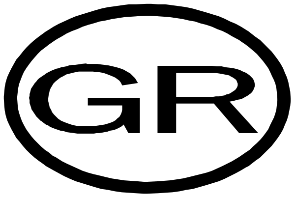 The logo of a company with an abstract design featuring two overlapping circles connected by lines forming a symbol that resembles a letter "G" inside one circle and another shape within it; above this emblem, there is text in uppercase letters reading 'GR'.