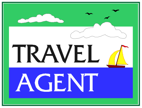The image shows two signs with a travel theme: on top, there's an illustration of a sailboat under clouds against blue sky; below it is another sign that reads "TRAVEL AGENT" in white letters outlined by black borders and features stylized waves at the bottom edge.