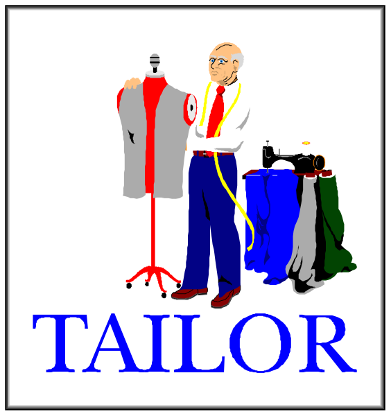 The image shows a cartoon of an older man standing next to tailor's equipment such as scissors, measuring tape, fabric samples on hangers, and garment patterns displayed in front of him. He is wearing glasses and has gray hair. Behind him stands a rack with various pieces of clothing hanging from it. The background features the word "TAILOR" prominently at the top center part of the image.