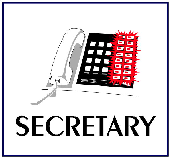 The image shows two separate scenes: on top left there's a phone with an antenna connected to it; below that is another scene featuring a desk with papers scattered across its surface in front of which sits a stapler, and above this second scene reads "Secretary."