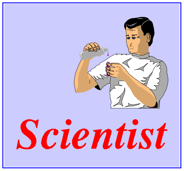 The image shows a cartoon of two panels with text above each panel: "Scientist" on top left and "Doctor" below it. In both panels is an illustration of a man in white lab coat holding what appears to be a test tube or flask, looking at the contents inside attentively. The backgrounds are plain blue without any additional details that provide context about setting or environment beyond being indoors with no specific location indicated.