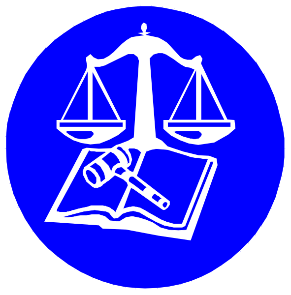 The image shows a blue circle with two smaller circles inside it; each of these inner circles contains an icon representing different aspects related to law: one depicts scales (symbolizing justice), another features gavel and book, indicating legal proceedings, while the third displays a hammer and scale symbolizing balance or judgment.
