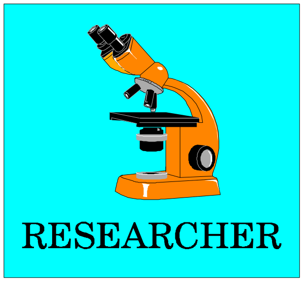 The image shows two panels: In panel A, there's a microscope with an orange base on top of it is written "RESEARCHER." Panel B has text that reads "Scientist" and features another microscope in front of which stands a magnifying glass labeled as such.