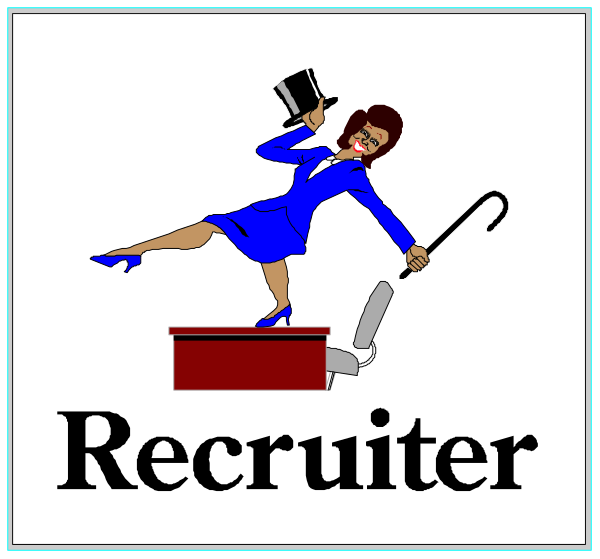 The image shows a cartoon of two characters: on top left corner there is an animated character with glasses holding what appears to be a briefcase; below that in bottom right corner another animated figure wearing blue pants, white shirt and black tie leaning against a red brick wall while smiling at the viewer. In between these figures are three words "RECRUITER" written on top of each other vertically aligned within an orange rectangle with rounded corners.