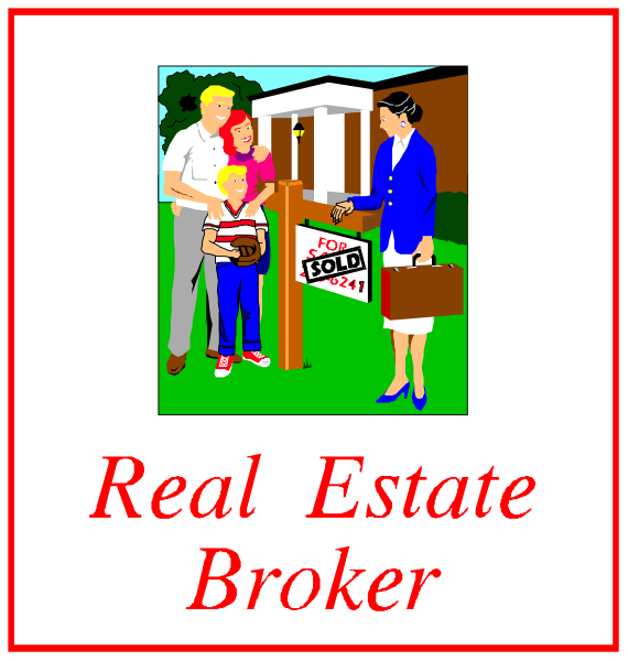The image shows a family standing next to an "open house" sign on their lawn with real estate broker text above them; there is also another similar-looking photo of three individuals in front of a different home, all underlined by red and blue banners that read 'REAL ESTATE BROKER'.