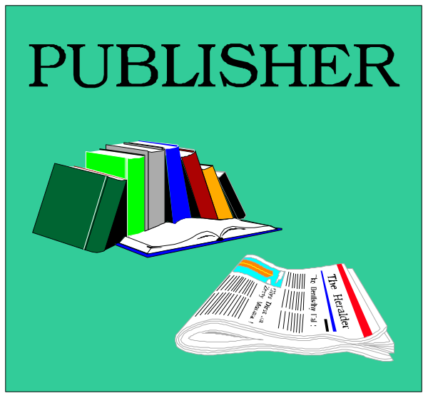 The image shows a comic strip with two panels:

1) In the top panel, there is text that reads "PUBLISHER" in bold letters above an illustration of several books stacked on each other and topped by what appears to be a newspaper or magazine open at its front page. Below this image are three smaller images showing stacks of papers with headlines like 'THE DAILY', 'NEWSPAPER' and 'MAGAZINE'.
2) In the bottom panel, there is an illustration of two books lying on their sides next
