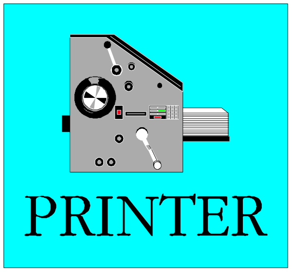 The image shows a blue background with two black and white illustrations of film projectors on either side; between them is text that reads "PRINTER."