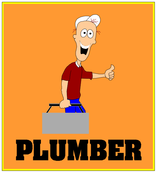 The image shows a cartoon of an animated character who appears to be giving thumbs up while standing next to text that reads "PLUMBER."
