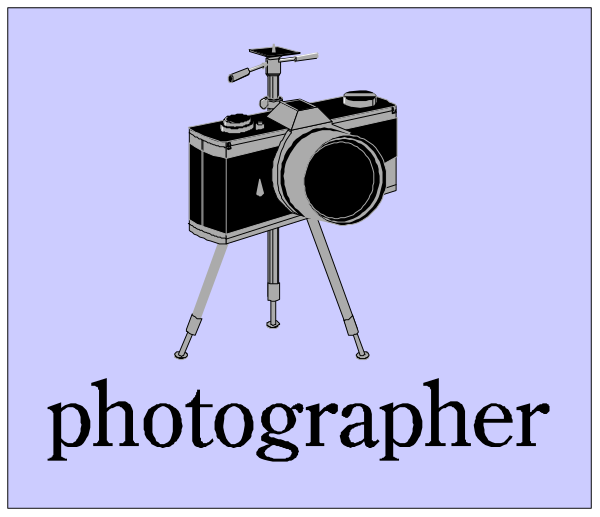 The image shows a black camera on top of an easel with wheels at each corner against a white background; there is text that reads "photographer" in front of it.