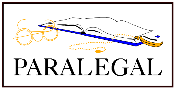 The image shows a logo with text that reads "Paralegal" at the bottom of an illustration featuring two stylized hands holding what appears to be papers in front of them on either side; above this, there is additional decorative imagery including lines and shapes suggesting motion or flight.