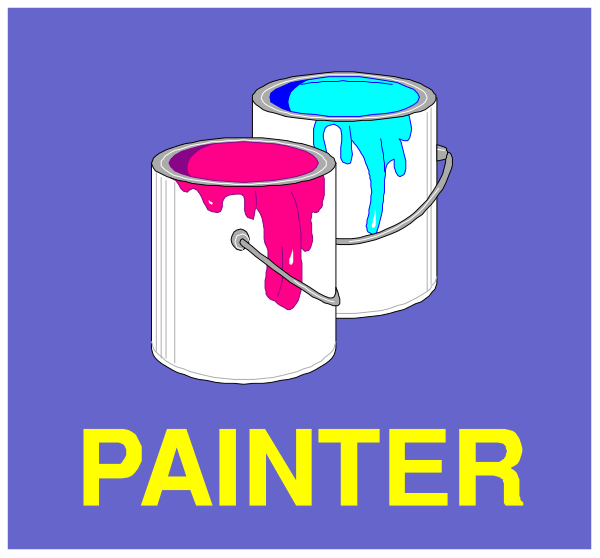 The image shows two paint cans with open lids filled with colorful paints; a bucket of pink paint is on top left corner while another one containing blue paint sits below it in bottom right corner. In between these, there's text that reads "PAINTER."