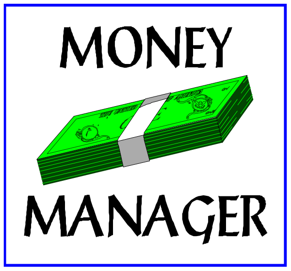 The image shows a graphic with two signs: on top left there's "MONEY MANAGER" in bold letters over an illustration of money bills; below it is another sign that reads "FUNNY CAPTION."