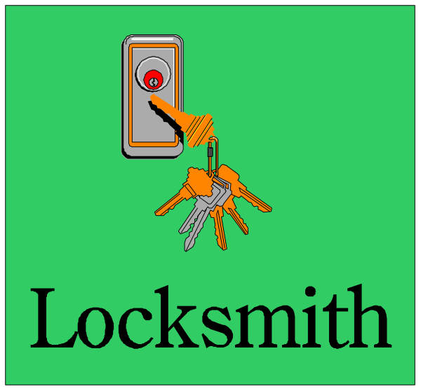 The image shows a green background with two separate illustrations on it: On top is an orange door lock labeled "Locksmith," featuring keys in front of the keyhole; below that is another label reading "Locksmit" and depicting three house locks, one being unlocked by a red button.