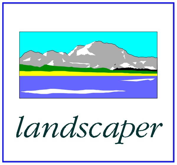 The image shows two separate pictures: on top, a logo with text "landscaper" next to an illustration of mountains; below it is another picture featuring water under blue sky in front of green hillsides and trees against a white background.