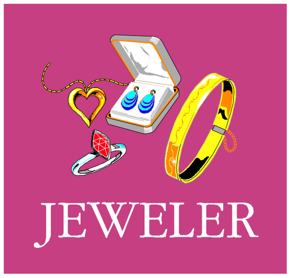 The image shows a collection of jewelry items including rings with gemstones on top of an open box that has two blue gems inside it against a pink background; there is no text present in this clip-art illustration.