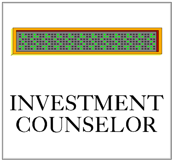 The image shows a black and white logo with two distinct sections: on top is an illustration of a dartboard-like design featuring what appears to be electronic components; below it reads "INVESTMENT COUNSELOR." On bottom, there's another section that says "Investment Counselor" in bold letters.
