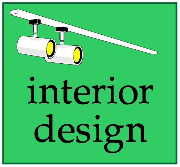 The image shows a green background with two distinct sections on either side of an orange line that reads "INTERIOR DESIGN." On one side is clip-art representing construction materials: there's a white pipe, three yellow lights hanging from it, and what appears to be metal conduit or ductwork. Adjacent to this are the words "DESIGN" in black text on an orange background. The other section of the image shows two green rectangles with clip-art images inside them: one rectangle contains a white pipe connected by yellow lights; another has three light bulbs