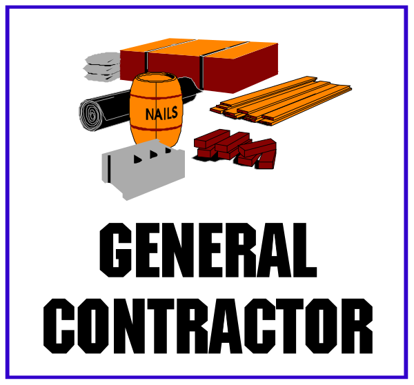The image shows a collection of construction materials including nails, bricks, lumber pieces, and tools such as hammers on top of each other with text that reads "General Contractor" in black font against white background at bottom right corner.