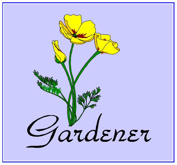 The image shows a digital illustration of two square tiles with different designs on them against a blue background. On the left tile is an emblem featuring three yellow flowers in front of which there's text that reads "Gardener." To its right, another tile displays a single flower and below it says "Flower Gardening" along with some additional decorative elements like leaves or branches around the edges.
