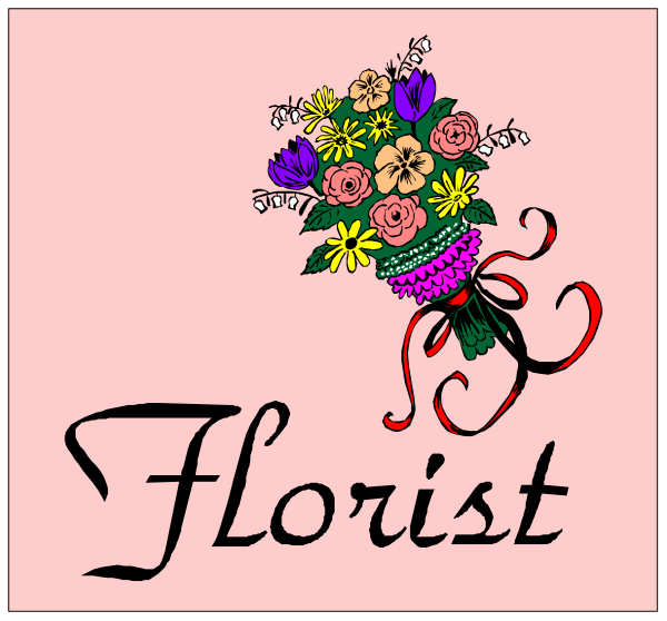 The image shows a bouquet of flowers with text that reads "Florist" on it against a pink background.
