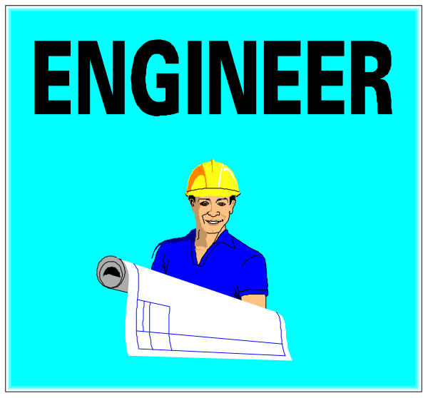 The image shows a cartoon of two characters: an engineer holding blueprints with construction plans on them; above this character is text that reads "ENGINEER."