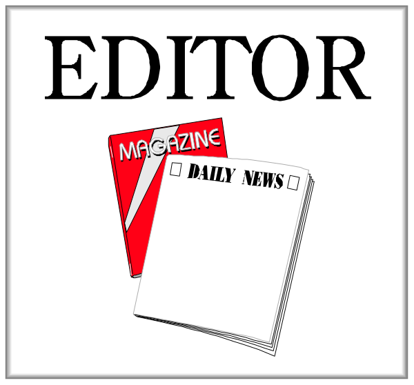 The image shows a black frame with two white rectangles inside it containing text: "EDITOR" on top left rectangle and an empty space in bottom right rectangle where one would expect to see content for publication; next to these texts, there is a red magazine cover that says "Magazine," indicating the type of media associated with editors.