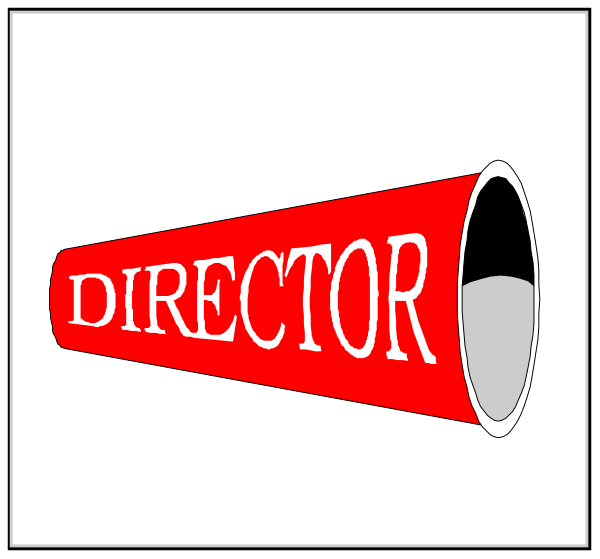 The image shows a red megaphone with "DIRECTOR" written on it placed next to another smaller mega phone that has been cut in half horizontally by an arrow pointing from left to right across both phones, indicating some sort of action between them or comparison being made.