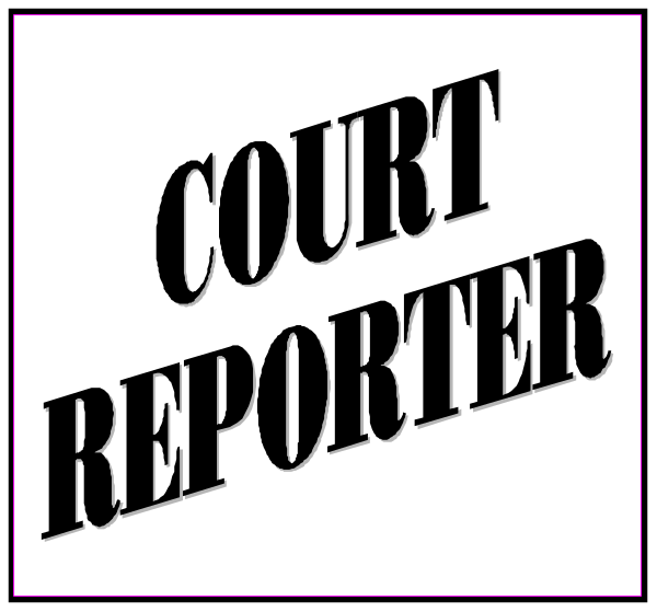 The image shows a black sign with white text that reads "COURT REPORTER" on top of another smaller sign below it which says "Court Reporter."