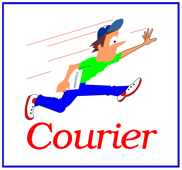 The image shows two separate scenes: on top left, a cartoon of an animated character running with text "COURIER" below it; bottom right is another scene featuring the same word "COURIER," but this time in French as indicated by the red and white flag designating France at lower-right corner.