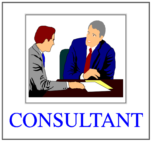 The image shows a split composition with two distinct scenes: on top left, there is an illustration of three men sitting at a conference table; one man appears to be speaking while another listens attentively. On bottom right, against a blue background, text reads "CONSULTANT" in bold white letters above the image's border.