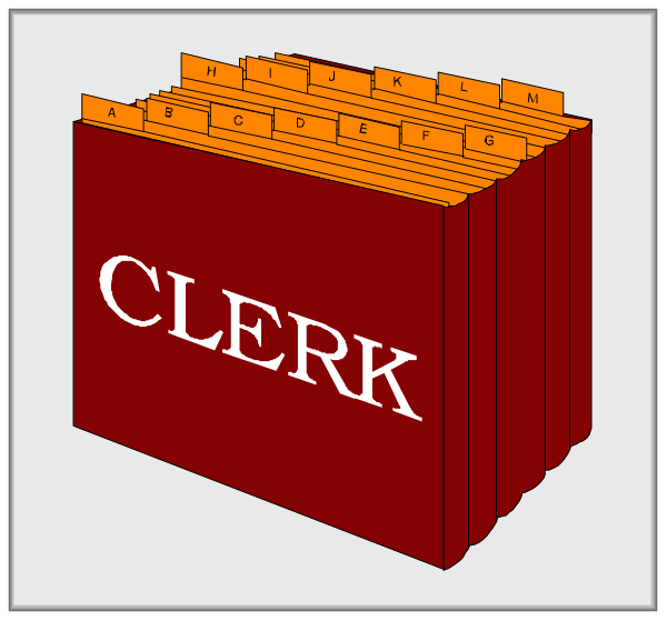The image shows a red folder with white text that reads "CLERK" on it, placed against an orange background in front of which there is another identical folder stacked vertically to create multiple copies of this same item.