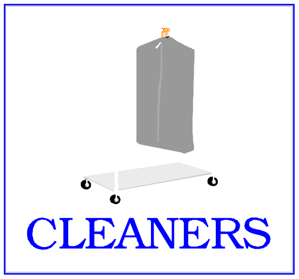 The image shows a cartoon of two signs: on top left there's an illustration with text "CLEANERS" next to it; below that is another sign saying "THIEF."