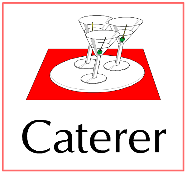 The image shows a red sign with white text that reads "Caterer" on top of another smaller black sign labeled "cater." Below these signs is an illustration depicting two martini glasses filled to varying levels, placed atop what appears to be a small round table or tray.