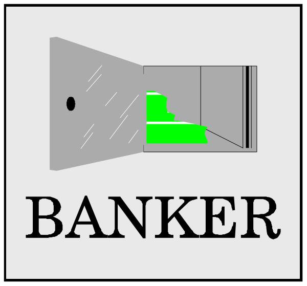 The image shows a black and white illustration of two signs with text: "BANKER" on top left corner signifying an occupation related to banking; and below it is another sign that says "Banker," indicating either a profession, institution, or location associated with banks.