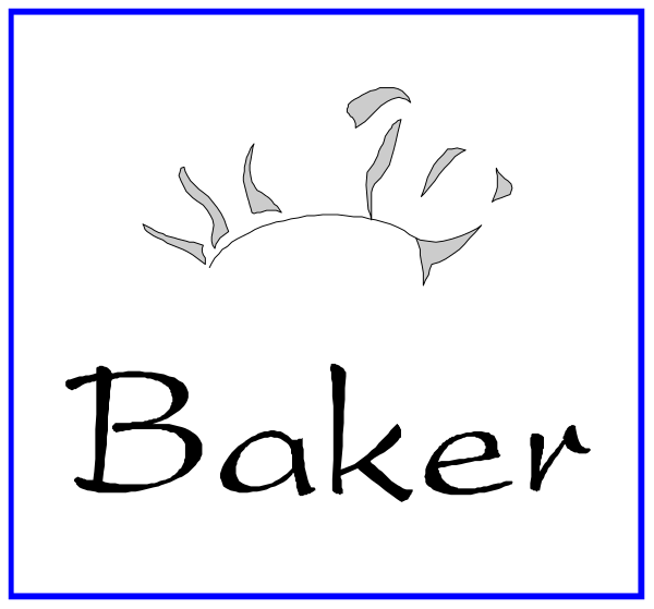 The image shows two signs with names on them: "Baker" at top left corner of a blue background and "BAKER" in white text against black background below it.