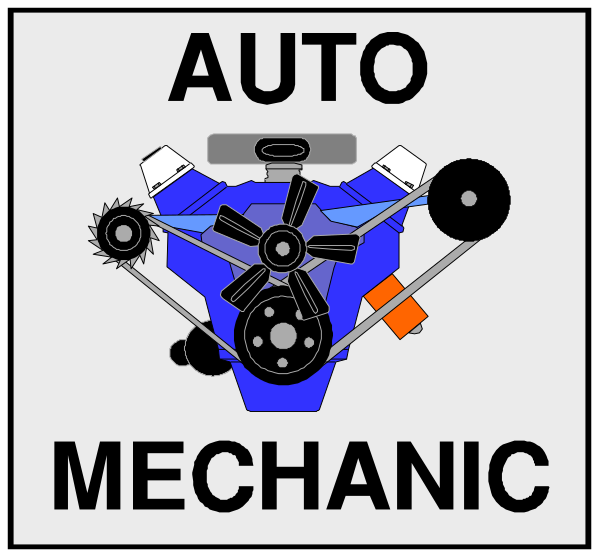 The image shows a logo with text that reads "AUTO MECHANIC" on top of an illustration depicting various mechanical parts such as wheels, gears, and tools associated with automotive repair work.