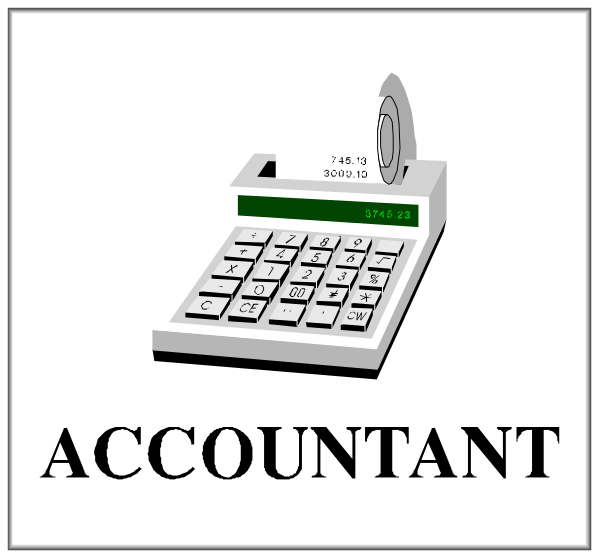 The image shows a calculator with numbers on it next to an accounting symbol labeled "ACCOUNTANT."
